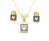 Juego de Lujo - 106425 - Juego Candado con Corazon CZ Azul Inspirado Louis Vuitton - Oro Laminado 18K