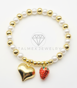 Pulsera de Lujo - 106443 - Pulsera Corazon y Fresa Con Bolitas de Perla y Oro Laminado 18K