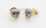 Arete de Lujo - 106516 - Broquel Corazon con CZ Morada y Clara - Oro Laminado 18K