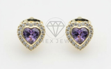 Arete de Lujo - 106516 - Broquel Corazon con CZ Morada y Clara - Oro Laminado 18K