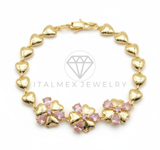 Pulsera de Lujo - 106524 - Pulsera Corazones y Flores con CZ Rosa - Oro Laminado 18K
