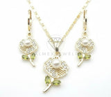 Juego de Lujo - 106662 - Juego Flor con Perla CZ Clara y Verde - Oro Laminado 18K