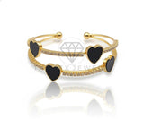 Pulsera de Lujo - 106810 - Pulsera Ajustable Corazones CZ Negra y Clara - Oro Laminado 18K