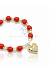 Pulsera de Lujo - 106848 - Pulsera Corazon CZ Clara con Bolitas Rojas - Oro Laminado 18K