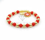 Pulsera de Lujo - 106851 - Pulsera Flor con Carita Feliz y Corazon con Bolitas Rojas - Oro Laminado 18K