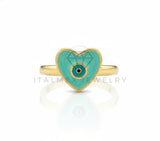 Anillo de Lujo - 106900 - Anillo Ajustable Corazon y Ojo Turco Turquesa- Oro Laminado 18K