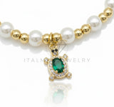 Pulsera de Lujo - 106920- Pulsera Perlitas con Tortuga CZ Verde y Clara - Oro Laminado 18K