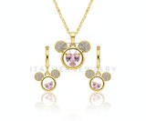 Juego de Lujo - 106578 - Juego Estilo Ratoncita Mouse  CZ Clara con Corazon CZ Rosa - Oro Laminado 18K