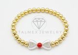 Pulsera de Lujo- 106420 - Pulsera Corazones Perlas con Bolita Roja y Oro Laminado 18K