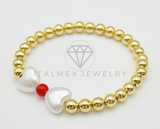 Pulsera de Lujo- 106420 - Pulsera Corazones Perlas con Bolita Roja y Oro Laminado 18K