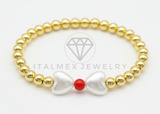 Pulsera de Lujo- 106420 - Pulsera Corazones Perlas con Bolita Roja y Oro Laminado 18K