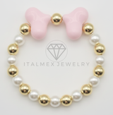 Pulsera de Lujo- 106419 - Pulsera Corazones Rosas con Perla y Oro Laminado 18K