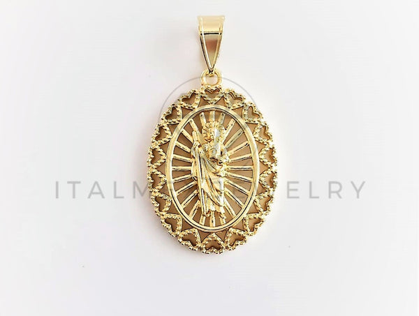 Dije Religioso - 102776 - Medalla de San Judas Diamantada con Bisel de Corazones Tamaño Mediano Oro Laminado 18K