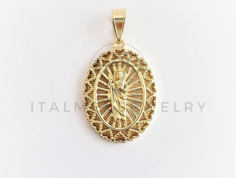 Dije Religioso - 102776 - Medalla de San Judas Diamantada con Bisel de Corazones Tamaño Mediano Oro Laminado 18K