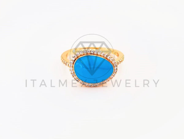 Anillo Dama de Lujo -103313 - Diseño Resina Azul CZ Clara Oro Laminado 18K