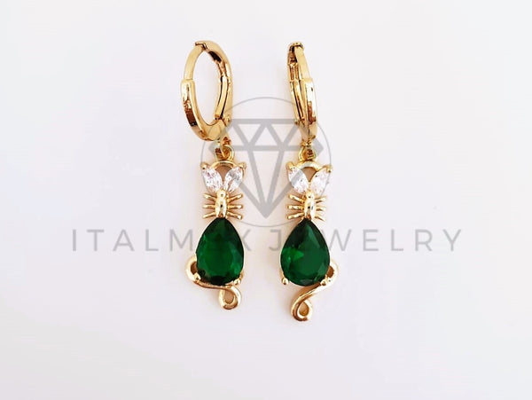 Arete de Lujo - 103534 - Diseño Gatito CZ Verde Oro Laminado 18K