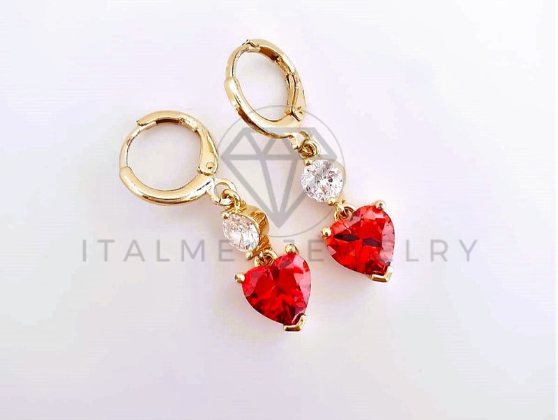 Arete de Lujo - 103543 - Diseño Corazón CZ Roja Oro Laminado 18K