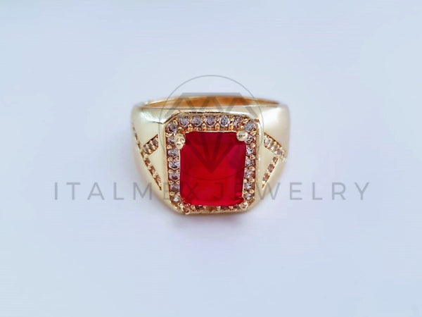 Anillo Caballero de Lujo - 103922 - Diseño Cuadrado CZ Roja Oro Laminado 18K