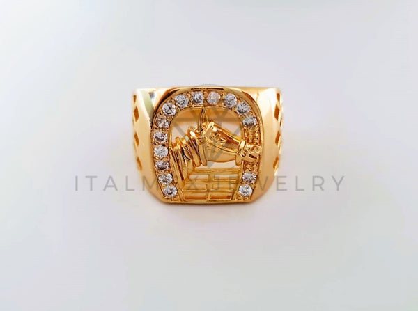 Anillo Caballero de Lujo - 103929 - Diseño Herradura y Caballo CZ Clara Oro Laminado 18K