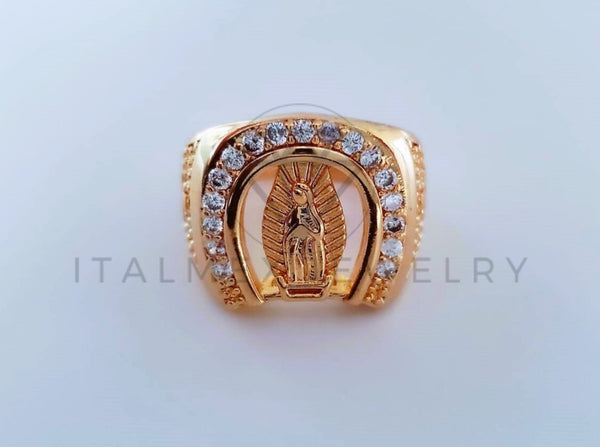 Anillo Caballero de Lujo - 103930 - Diseño Herradura y Virgen CZ Clara Oro Laminado 18K