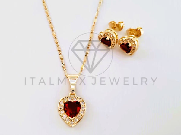 Juego de Lujo - 103947 - Diseño Corazón con Circonia Roja Oro Laminado 18K