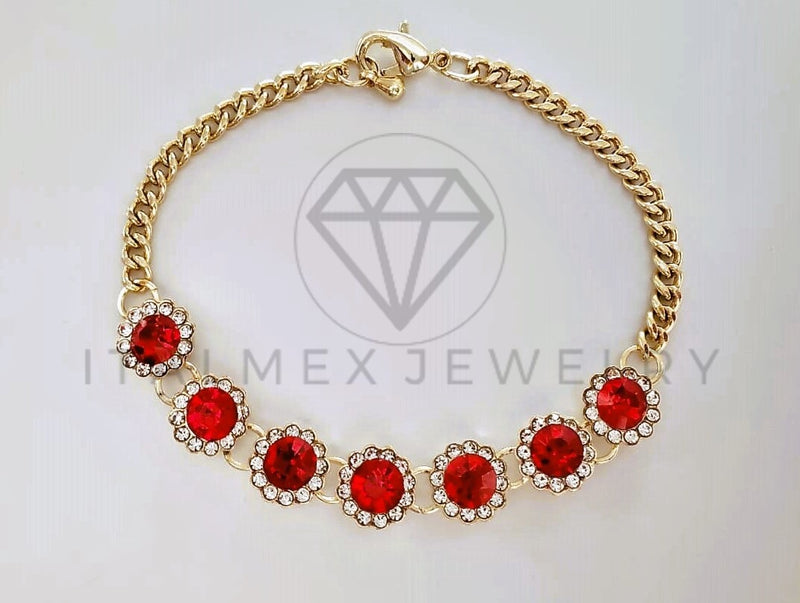Pulsera Elegante - 103991 - Pulsera Cubana CZ Redonda Roja Oro Laminado 18K