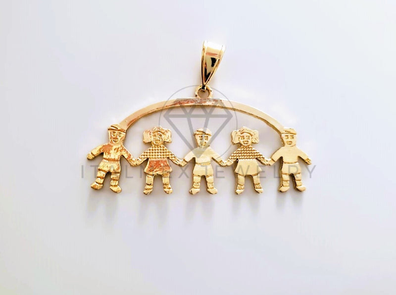 Dije Elegante - 104341 - Dije 2 Niñas y 3 Niños Tamaño Chico Oro Laminado 18K