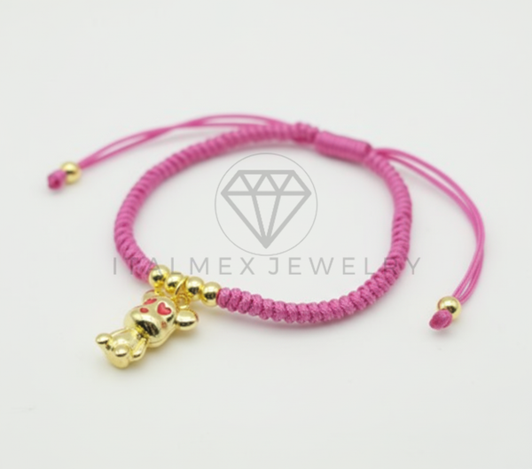 Pulsera de Lujo- 106422 - Pulsera Ajustable Rosa con Dije de Osito CZ Oro Laminado 18K