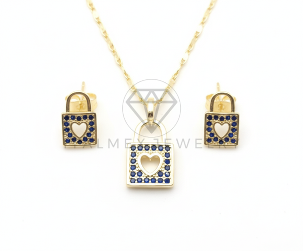 Juego de Lujo - 106425 - Juego Candado con Corazon CZ Azul Inspirado Louis Vuitton - Oro Laminado 18K