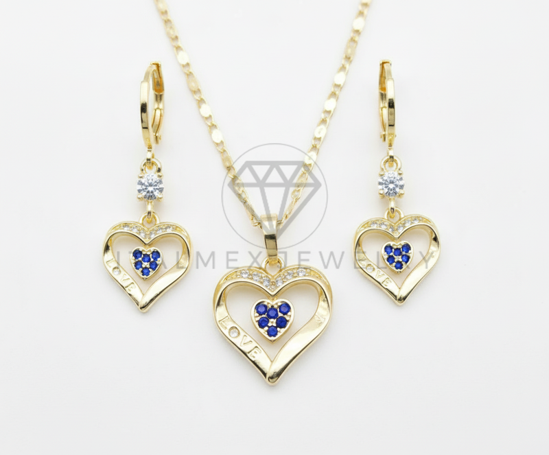 Juego de Lujo - 106427 - Juego de Corazon "Love" CZ Azul Oro Laminado 18K