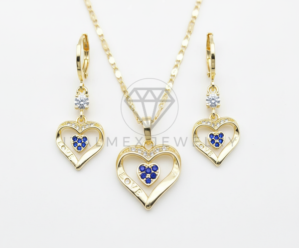 Juego de Lujo - 106427 - Juego de Corazon "Love" CZ Azul Oro Laminado 18K