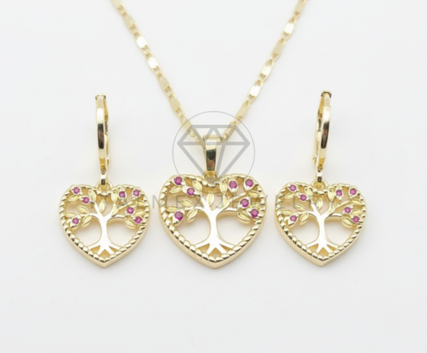 Juego de Lujo - 106428 - Juego de Corazon y Arbol Rosa CZ - Oro Laminado 18K