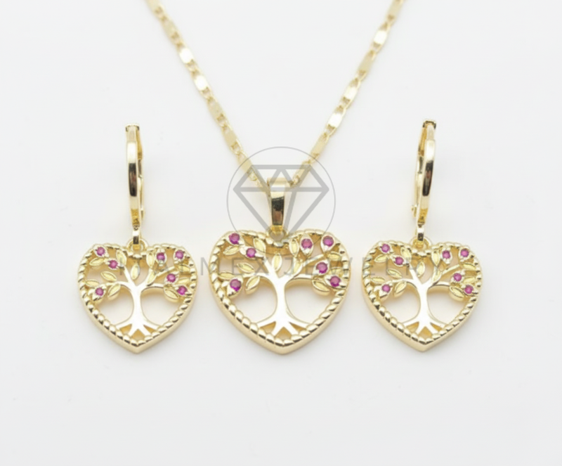 Juego de Lujo - 106428 - Juego de Corazon y Arbol Rosa CZ - Oro Laminado 18K