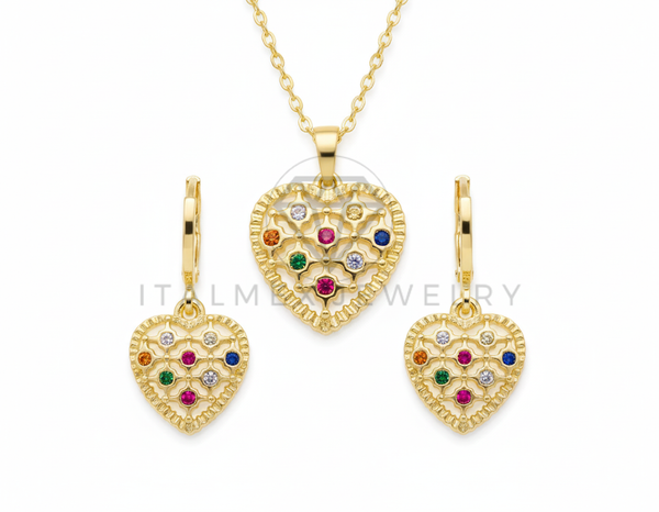 Juego de Lujo - 106429 - Juego de Corazon CZ Colores - Oro Laminado 18K