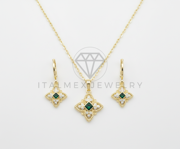 Juego de Lujo - 106430 - Juego Monograma Floral Inspirado en LV con CZ Clara y Verde - Oro Laminado 18K