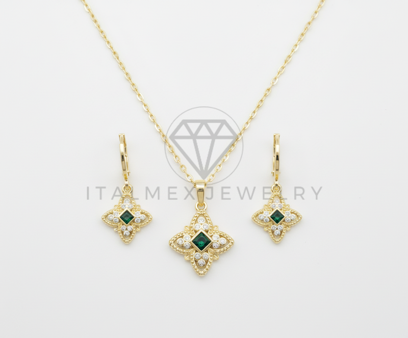 Juego de Lujo - 106430 - Juego Monograma Floral Inspirado en LV con CZ Clara y Verde - Oro Laminado 18K