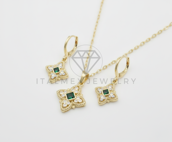 Juego de Lujo - 106430 - Juego Monograma Floral Inspirado en LV con CZ Clara y Verde - Oro Laminado 18K