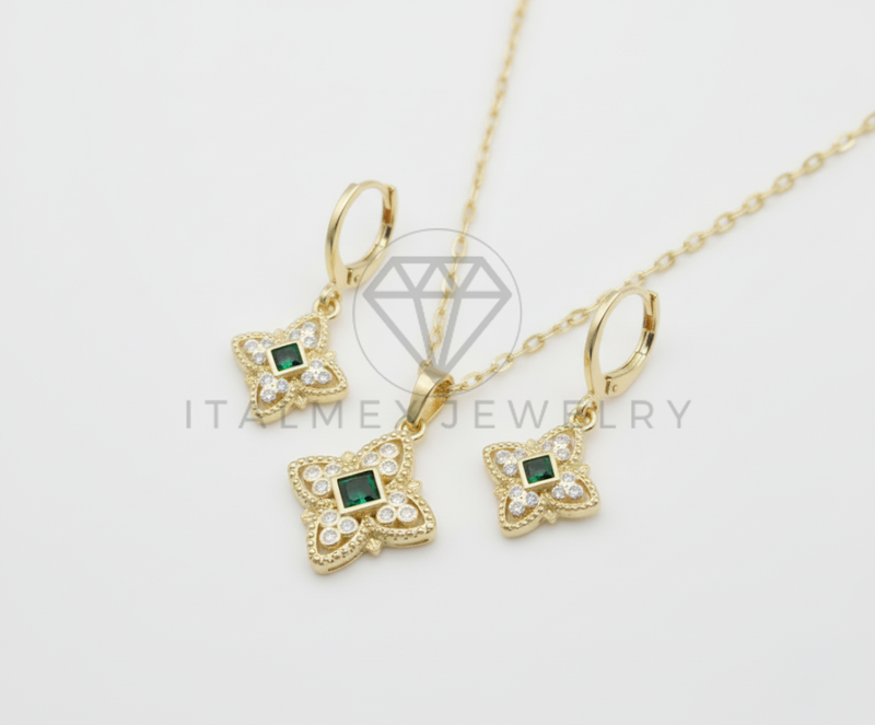 Juego de Lujo - 106430 - Juego Monograma Floral Inspirado en LV con CZ Clara y Verde - Oro Laminado 18K