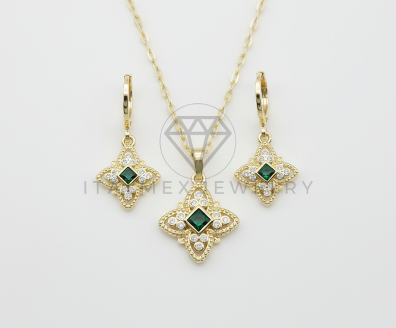 Juego de Lujo - 106430 - Juego Monograma Floral Inspirado en LV con CZ Clara y Verde - Oro Laminado 18K