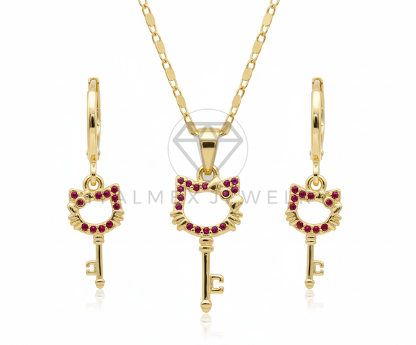 Juego de Lujo - 106431 - Juego Inspirado Hello Kitty CZ Rosa - Oro Laminado 18K