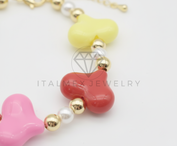 Pulsera de Lujo - 106434 - Pulsera Corazones Colores con Bolas de Perla y Oro Laminado 18K