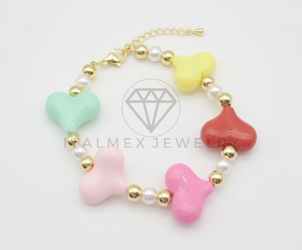 Pulsera de Lujo - 106434 - Pulsera Corazones Colores con Bolas de Perla y Oro Laminado 18K