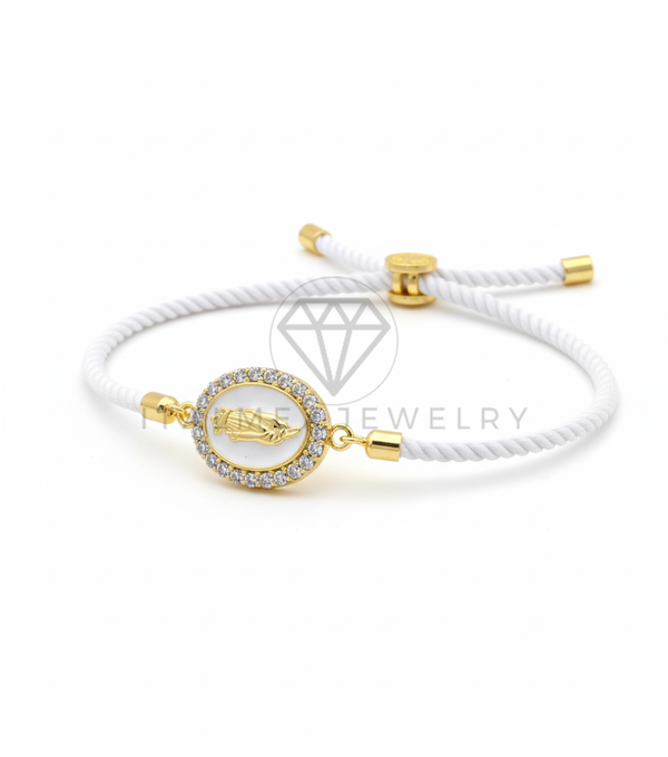 Pulsera de Lujo - 106436 - Pulsera Ajustable Estilo Cuerda Blanca con Dije Virgen de Guadalupe CZ Clara - Oro Laminado 18K