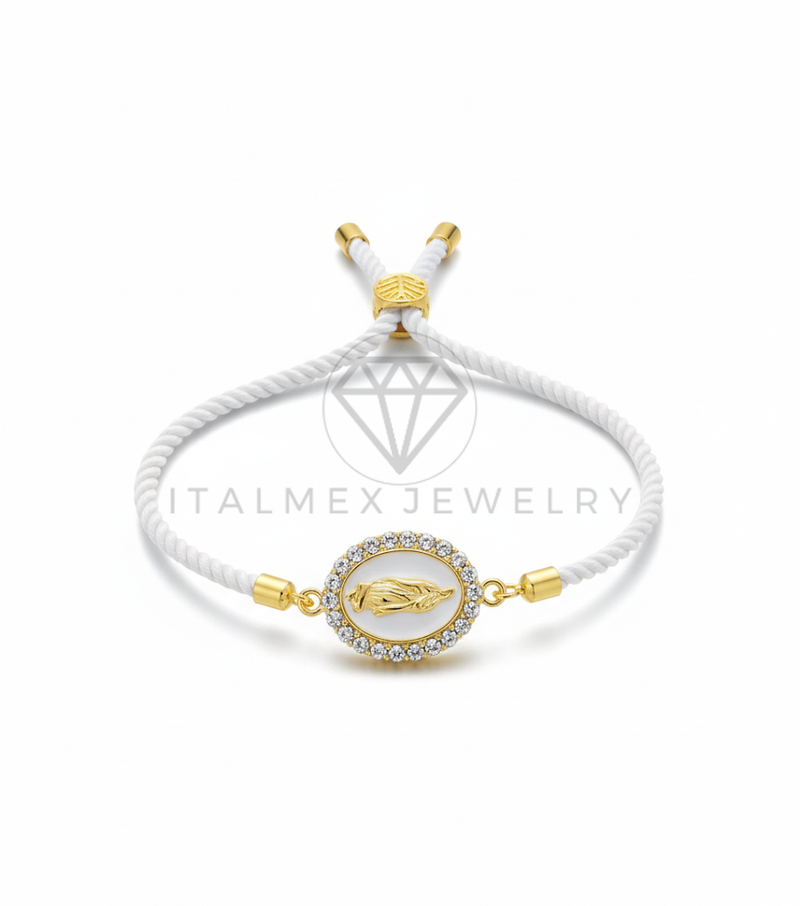 Pulsera de Lujo - 106436 - Pulsera Ajustable Estilo Cuerda Blanca con Dije Virgen de Guadalupe CZ Clara - Oro Laminado 18K