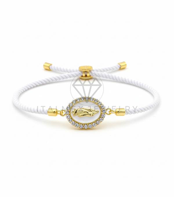 Pulsera de Lujo - 106436 - Pulsera Ajustable Estilo Cuerda Blanca con Dije Virgen de Guadalupe CZ Clara - Oro Laminado 18K