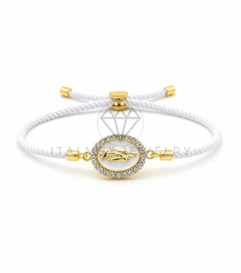 Pulsera de Lujo - 106436 - Pulsera Ajustable Estilo Cuerda Blanca con Dije Virgen de Guadalupe CZ Clara - Oro Laminado 18K