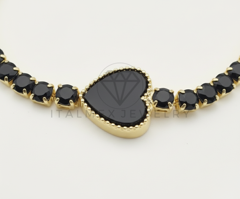 Pulsera de Lujo - 106440 - Pulsera Corazon Piedras Negras -  Oro Laminado 18K