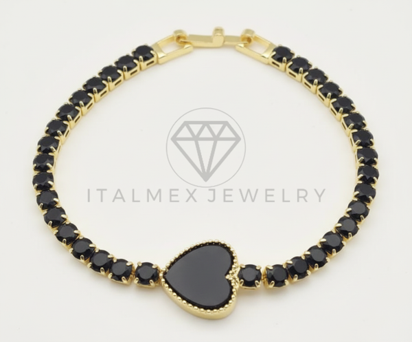 Pulsera de Lujo - 106440 - Pulsera Corazon Piedras Negras -  Oro Laminado 18K