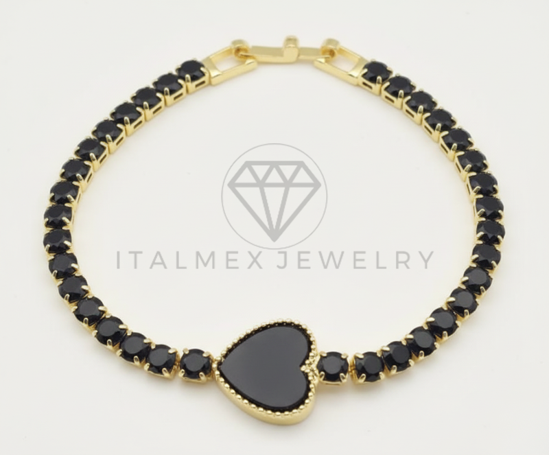 Pulsera de Lujo - 106440 - Pulsera Corazon Piedras Negras -  Oro Laminado 18K