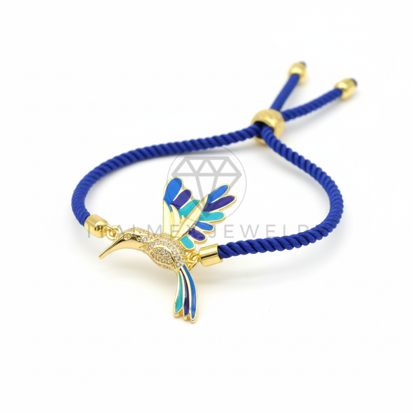 Pulsera de Lujo - 106442 - Pulsera Ajustable Cuerda Azul Pajaro CZ Clara - Oro Laminado 18K